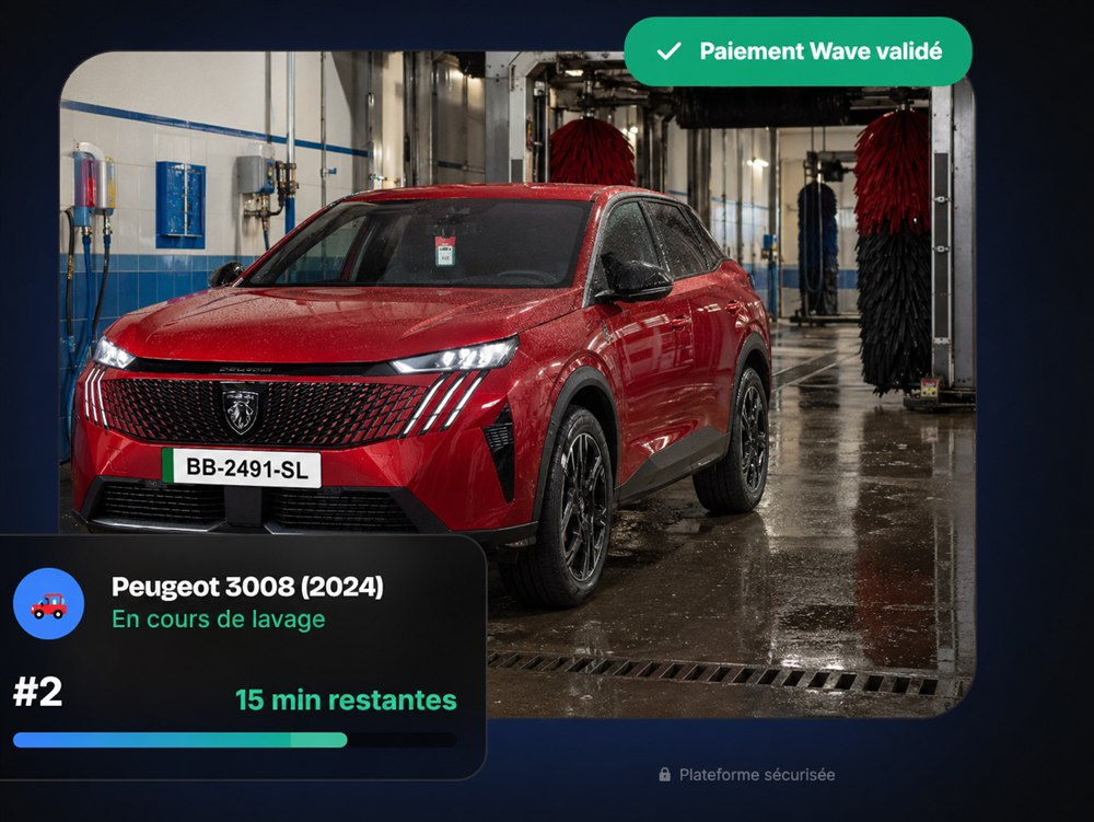 Suivi en direct d'un lavage : Peugeot 3008 en cours de lavage dans un tunnel, position #2, 15 minutes restantes, paiement Wave validé
